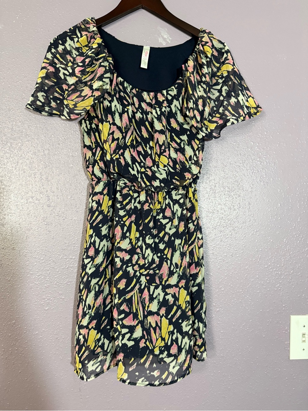 Pinkblush Black Floral Abstract Print Short Dress with Tie Waist